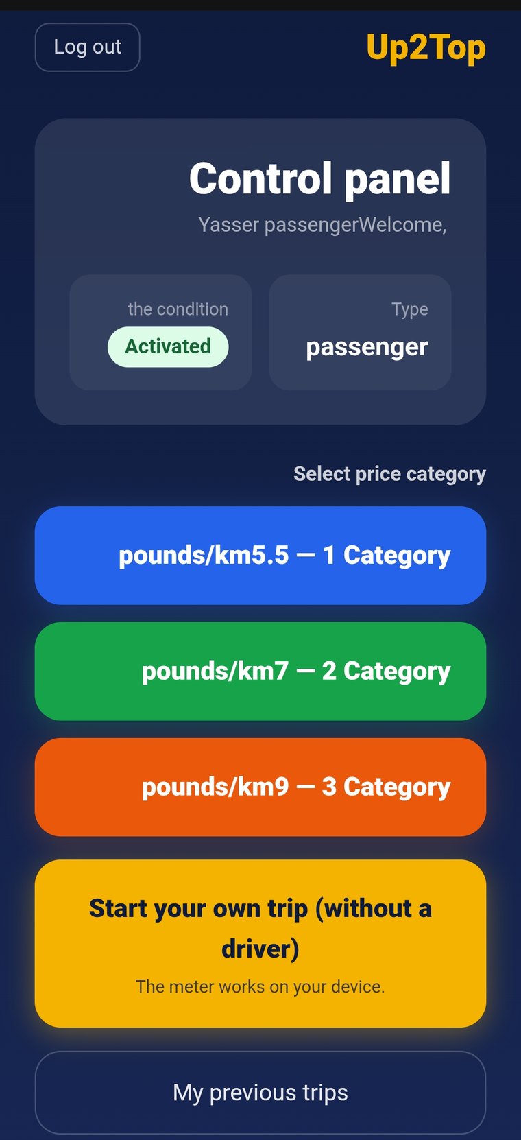 Digital Taxi Meter passenger control panel showing price categories per kilometre and a link to previous trips.
