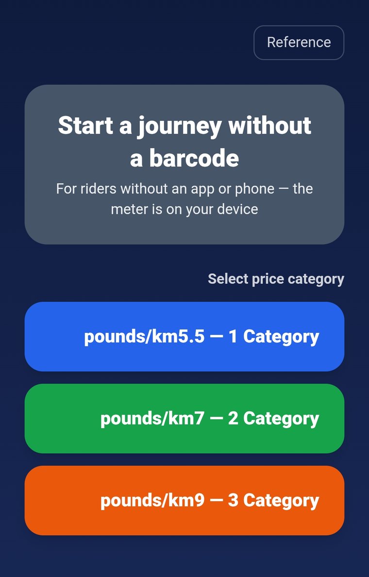 Digital Taxi Meter screen for starting a journey without a barcode, showing three price categories per kilometre.