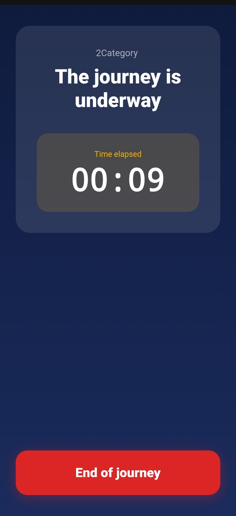Digital Taxi Meter screen showing a journey underway with elapsed time and an end-of-journey button.