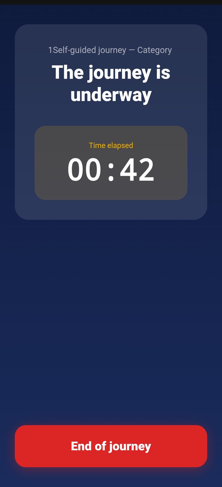 Digital Taxi Meter screen showing a journey underway with elapsed time and an end-of-journey button.